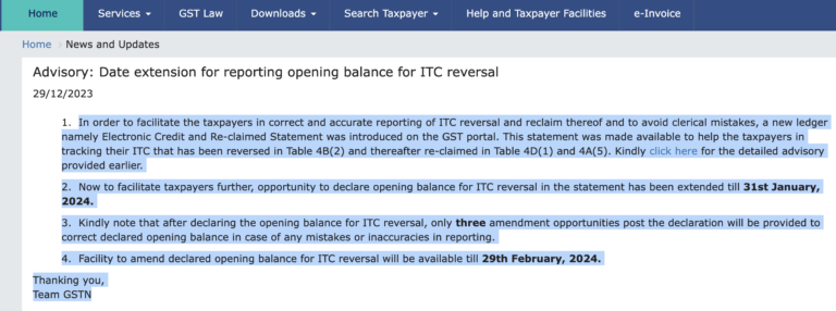 GST Date extension for reporting opening balance for ITC reversal