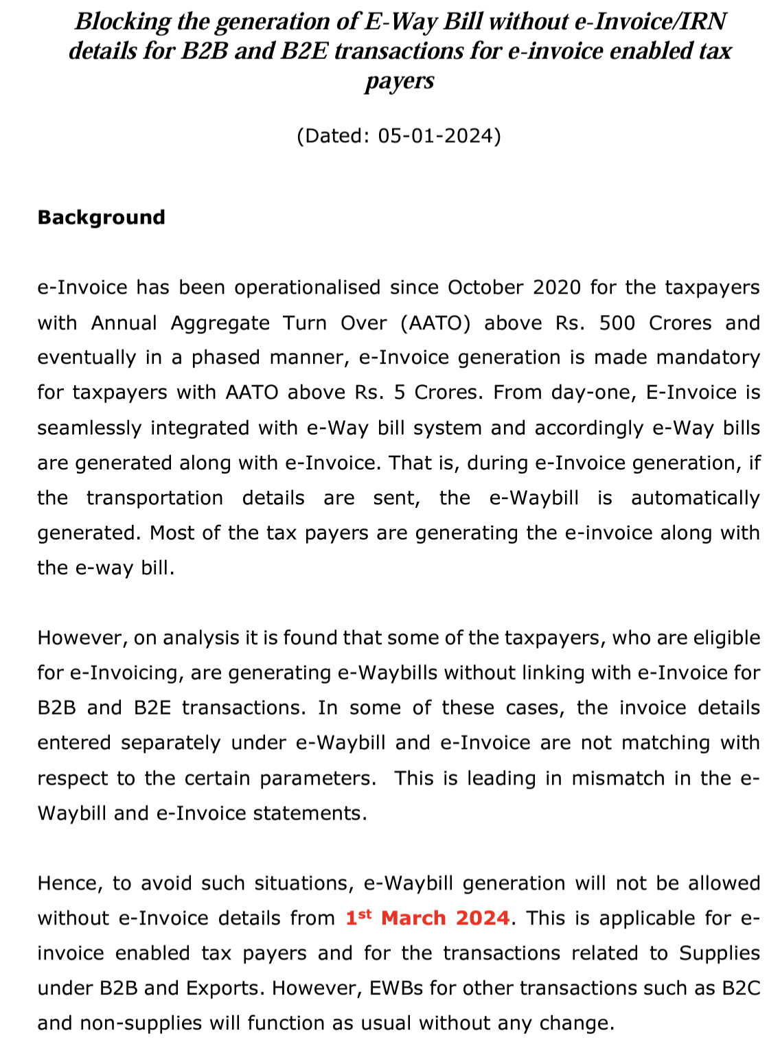 Breaking News: Blocking of E-Way Bill without e-Invoice