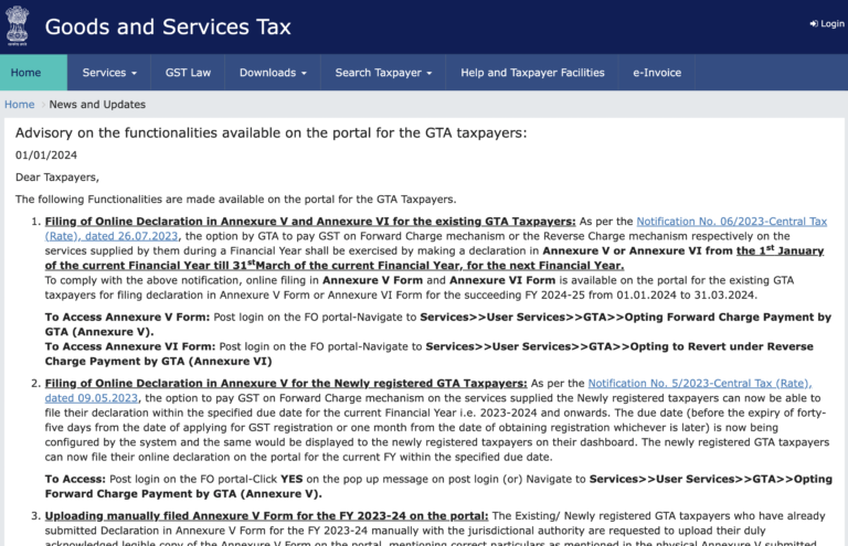 GST Portal’s first post in 2024 for GTA: functionalities available on the portal for the GTA taxpayers