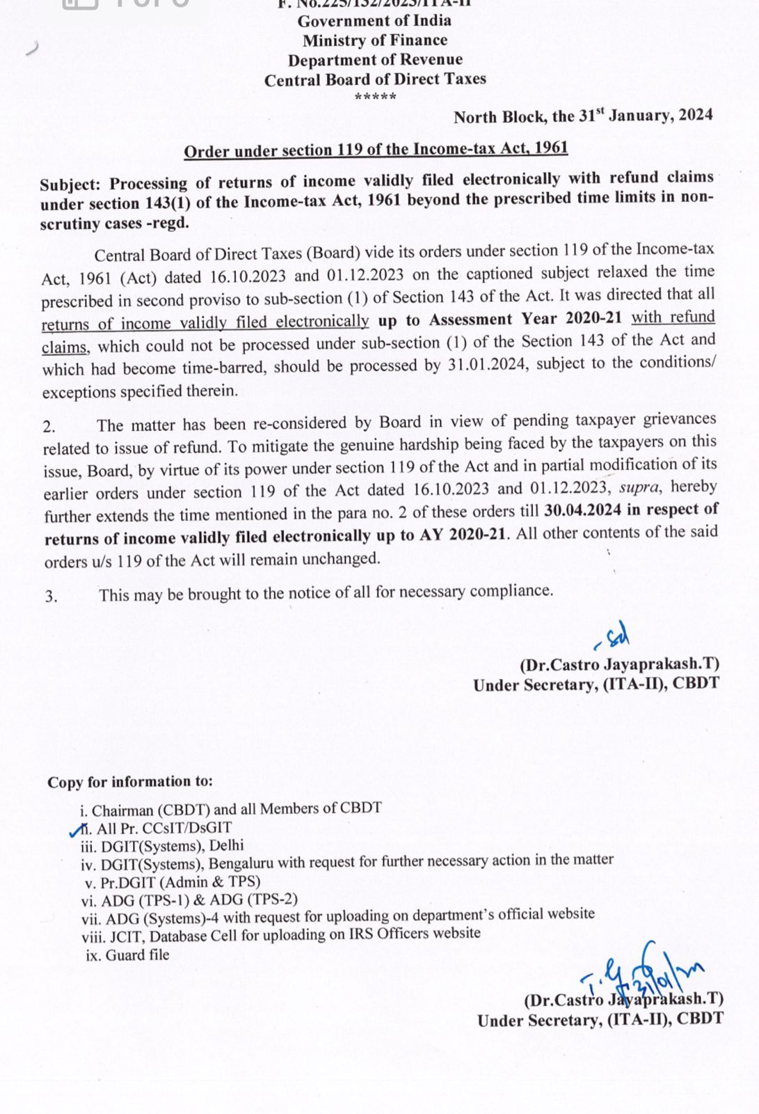 CBDT extends the timeframe prescribed under Section 143(1)