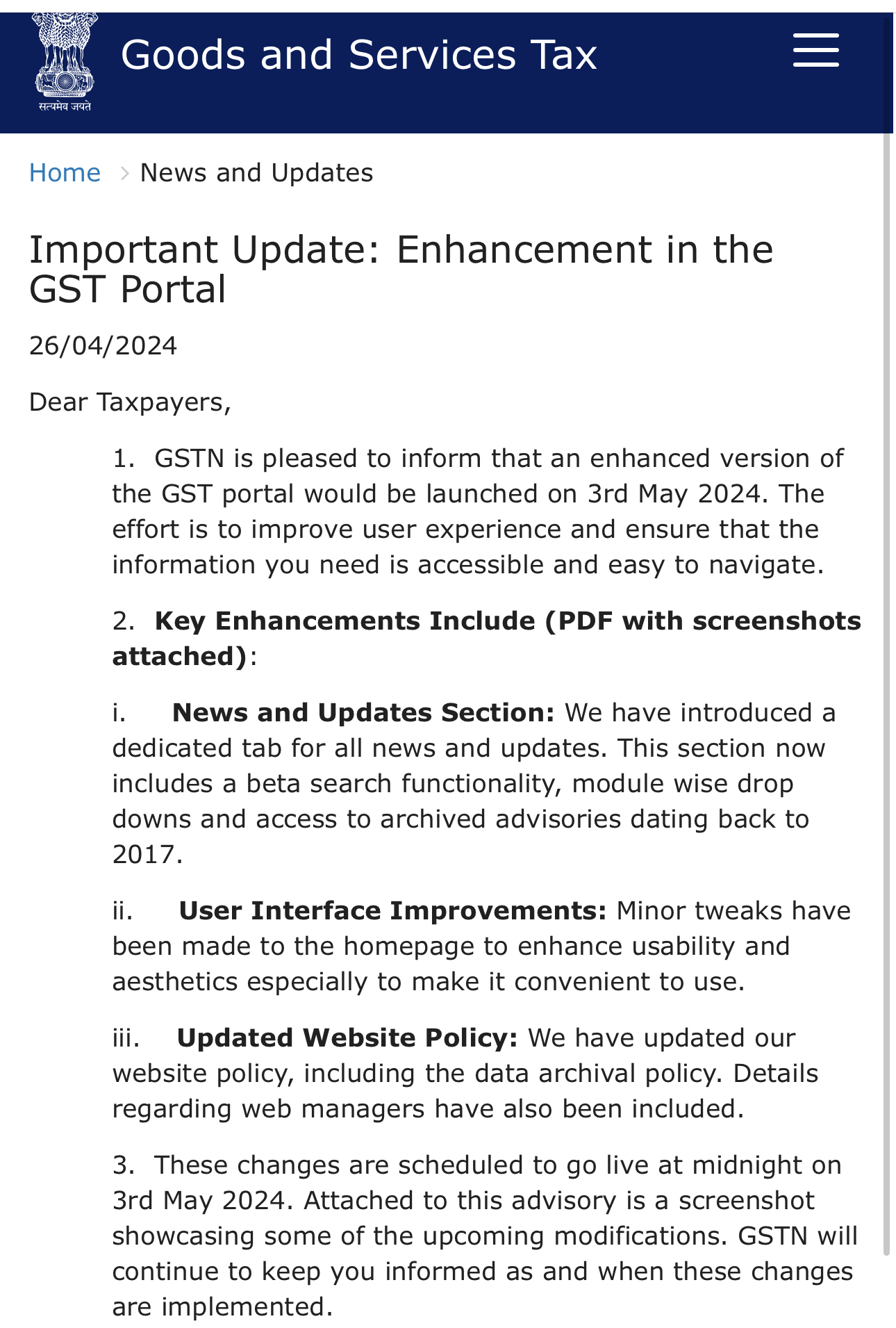 GST portal New version coming on 3 May 2024