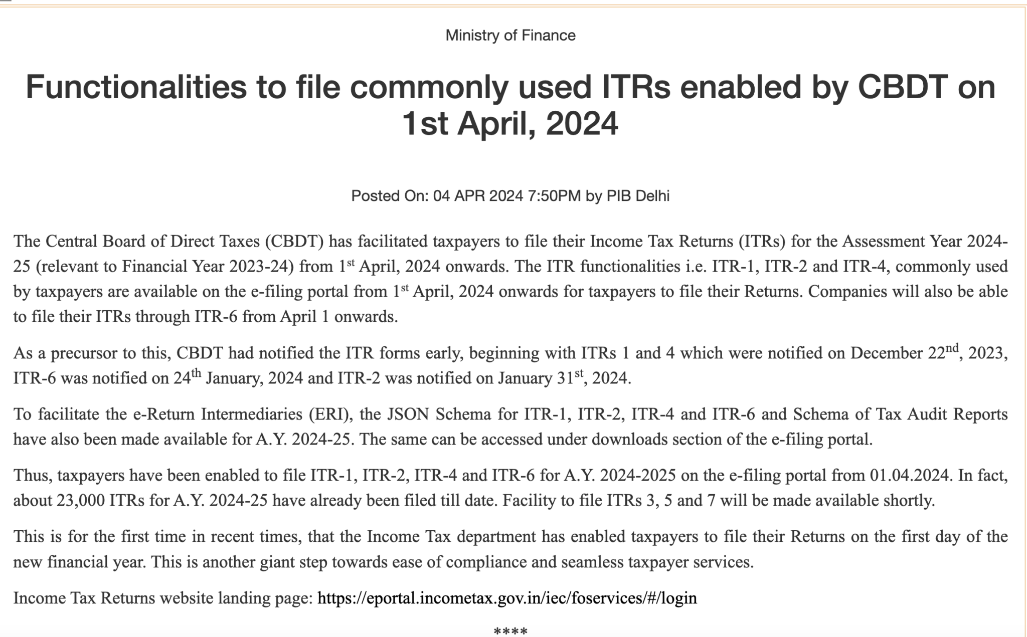 ITRs enabled by CBDT on 1st April, 2024 & 23000 ITR's already filled ...